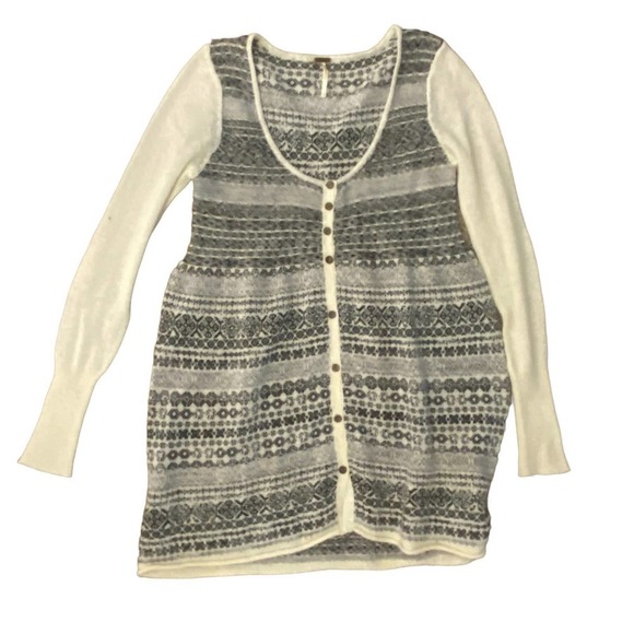 Free People Nordic Long Sleeve cream black gray Fair Isle Knit Tunic Sweater M - Picture 2 of 11
